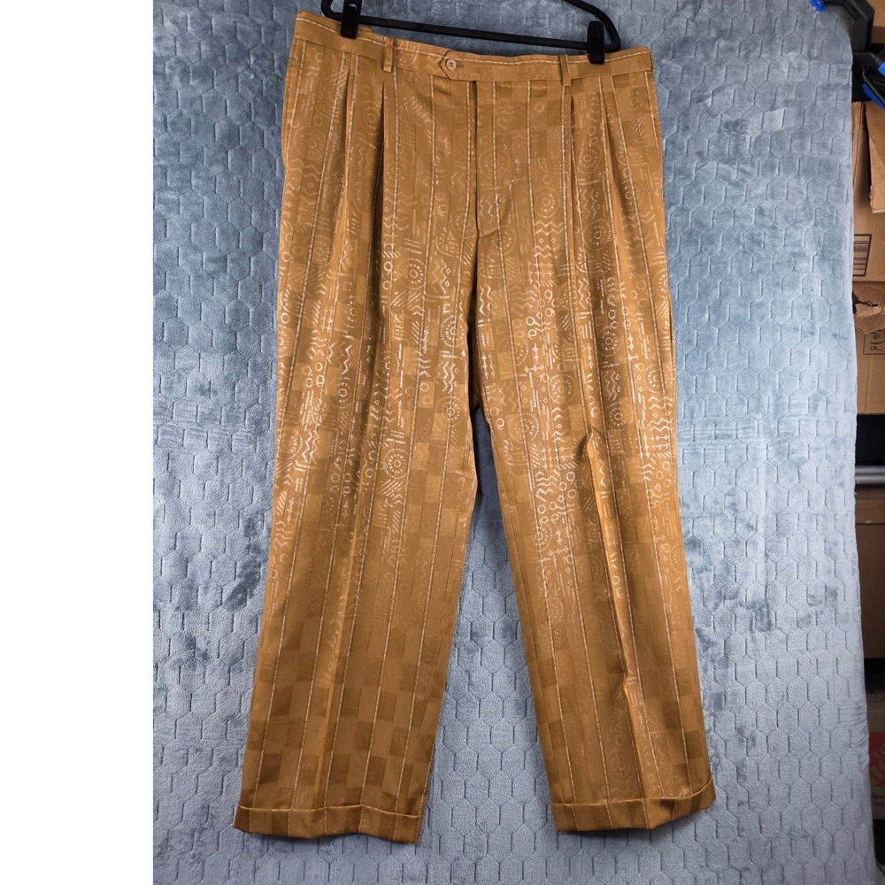 Il Canto Italian Designer Mens 42L Pleated Trousers Gold Jacquard Tribal Cuffed